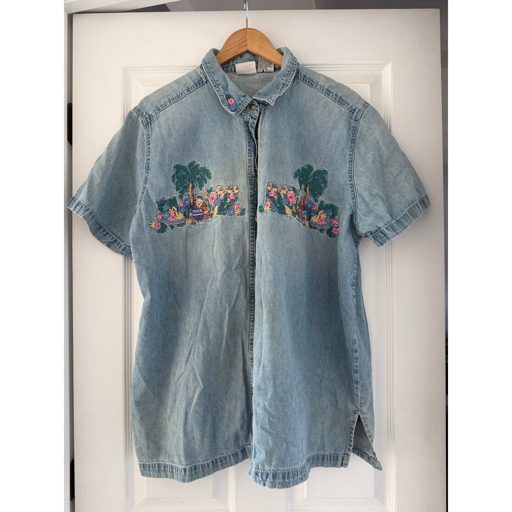 Vintage Denim Bear Embroidered Short Sleeve Tie Back‎ Blouse Cottage